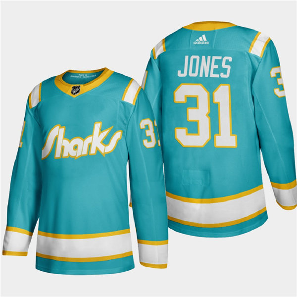 Mens San Jose Sharks #31 Martin Jones 2020-21 California Golden Seals Throwback Authentic Teal Stitched