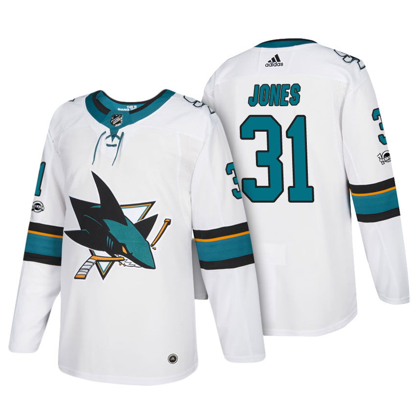 Mens San Jose Sharks #31 Martin Jones adidas Away White Jersey Stitched