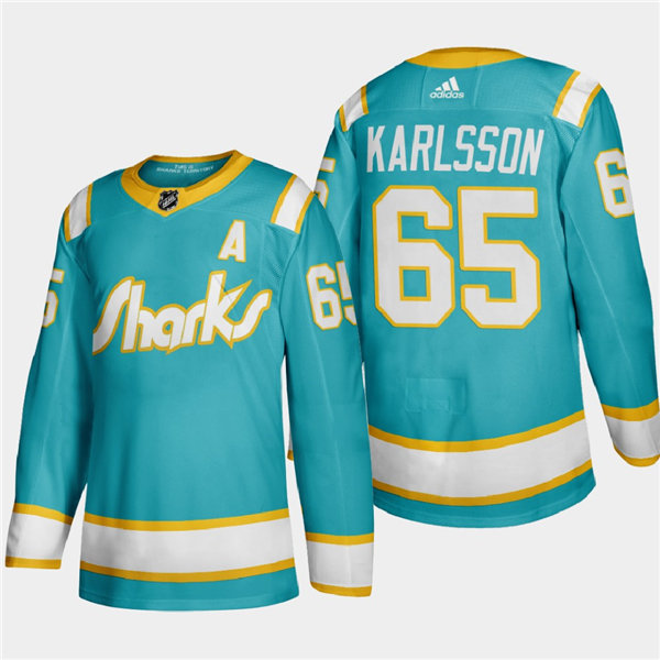 Mens San Jose Sharks #65 Erik Karlsson 2020-21 California Golden Seals Throwback Authentic Teal Stitched