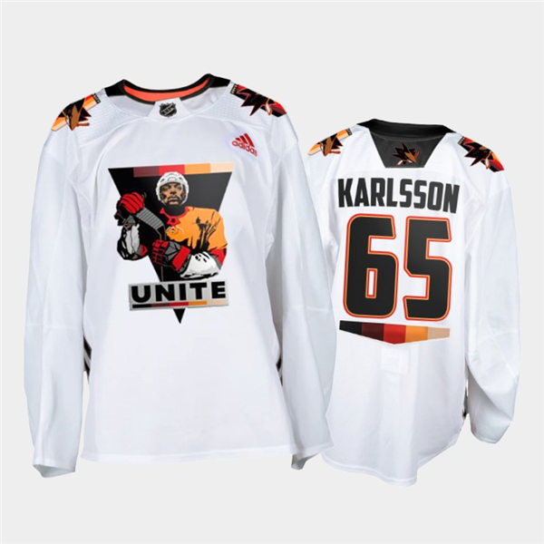 Mens San Jose Sharks #65 Erik Karlsson Adidas White Terry Smith Unite special warmup Jersey Stitched