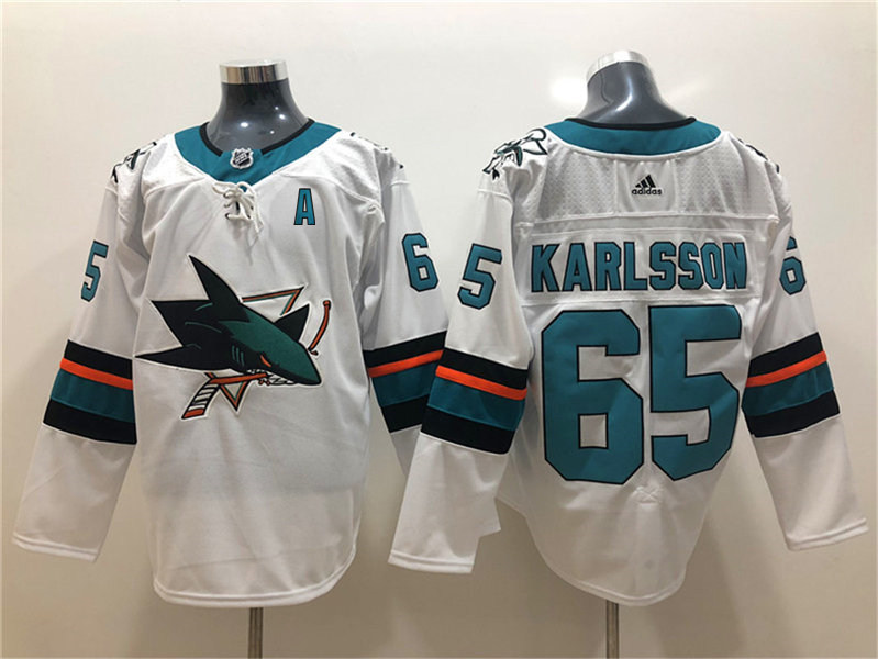 Mens San Jose Sharks #65 Erik Karlsson adidas Away White Jersey Stitched