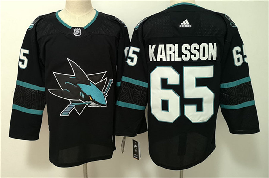 Mens San Jose Sharks #65 Erik Karlsson adidas Black Alternate Third Jersey Stitched