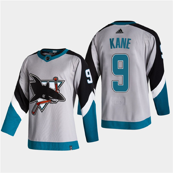 Mens San Jose Sharks #9 Evander Kane Adidas Grey 2021 NHL Season Reverse Retro Jersey Stitched