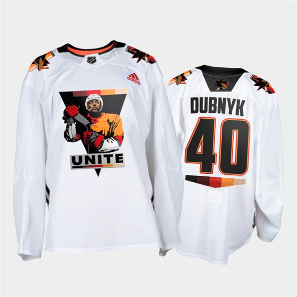 Mens San Jose Sharks Devan Dubnyk #40 Adidas White Terry Smith Unite special warmup Jersey Stitched