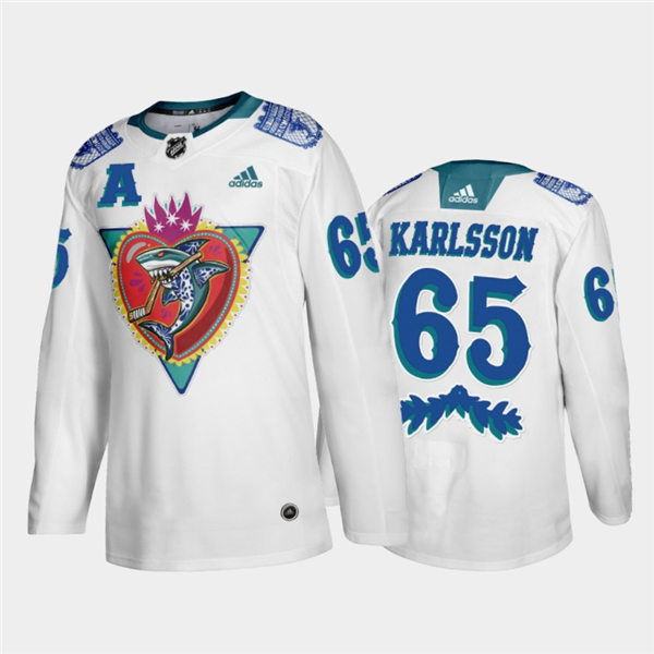 Mens San Jose Sharks Erik Karlsson #65 Adidas White Los Tiburones Night Jersey Stitched