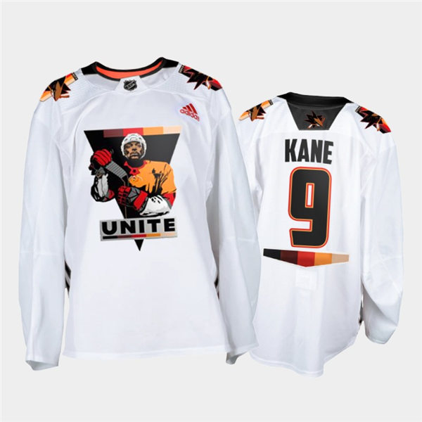 Mens San Jose Sharks Evander Kane #9 Adidas White Terry Smith Unite special warmup Jersey Stitched
