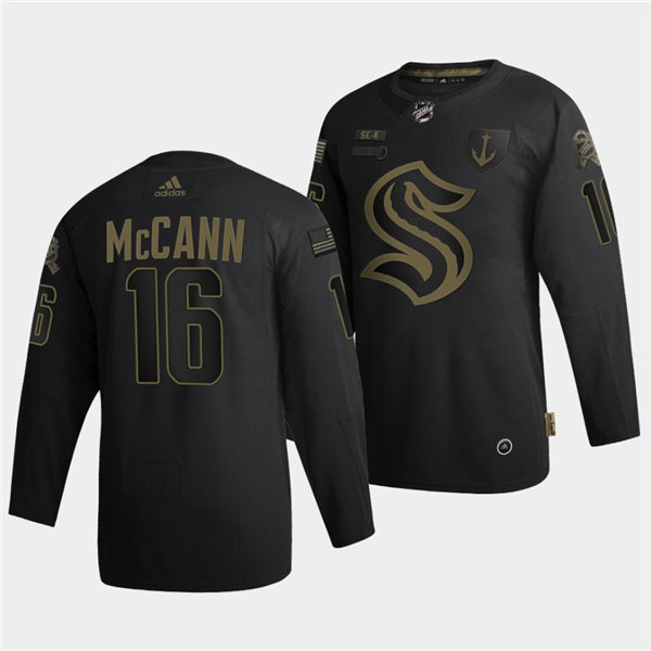 Mens Seattle Kraken #16 Jared McCann Adidas 2021-22 Black Military Appreciation Night Jersey Stitched