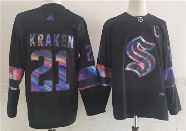 Mens Seattle Kraken #21 Adidas 2021-22 Black Iridescent Holographic Jersey Stitched