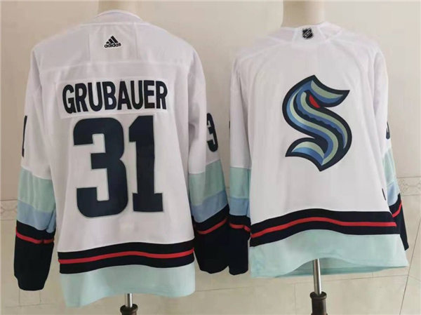 Mens Seattle Kraken #31 Philipp Grubauer Adidas Away White Jersey Stitched