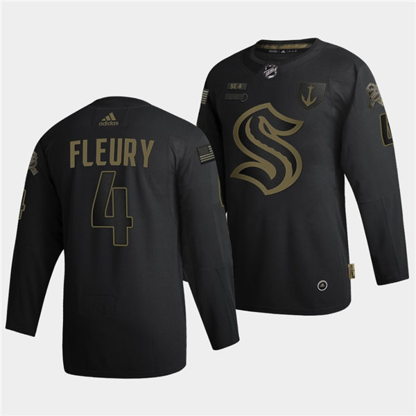 Mens Seattle Kraken #4 Haydn Fleury Adidas 2021-22 Black Military Appreciation Night Jersey Stitched