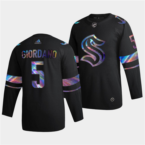 Mens Seattle Kraken #5 Mark Giordano Adidas 2021-22 Black Iridescent Holographic Jersey Stitched
