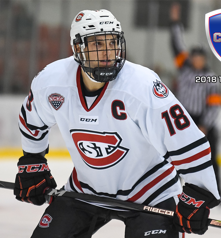 Mens St. Cloud State Huskies #18 Judd Peterson Stitched CCM White College Hockey Jersey 