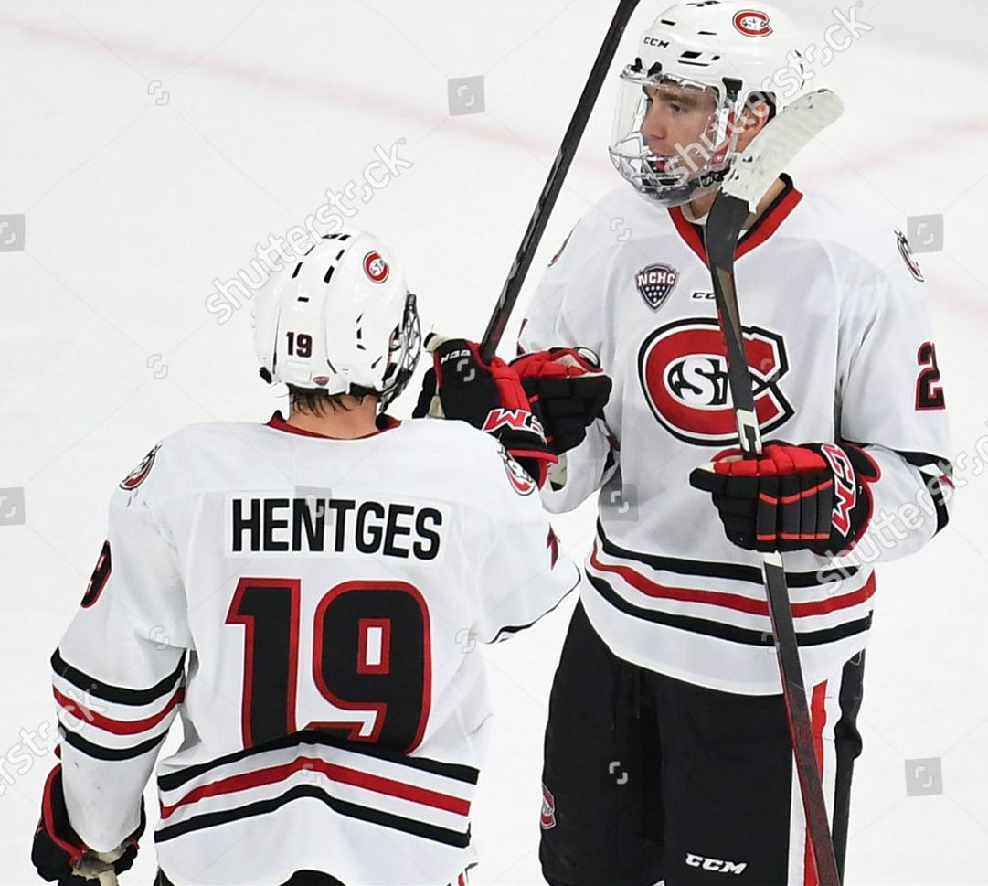 Mens St. Cloud State Huskies #19 Sam Hentges Stitched CCM White College Hockey Jersey 