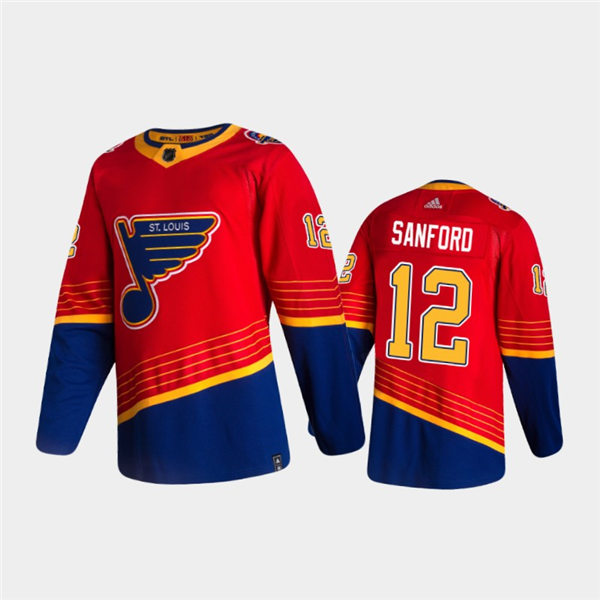 Mens St. Louis Blues #12 Zach Sanford adidas 2021 Red Blue Reverse Retro Jersey Stitched