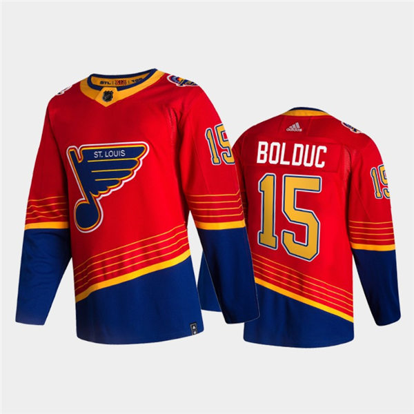 Mens St. Louis Blues #15 Zachary Bolduc adidas 2021 Red Blue Reverse Retro Jersey Stitched