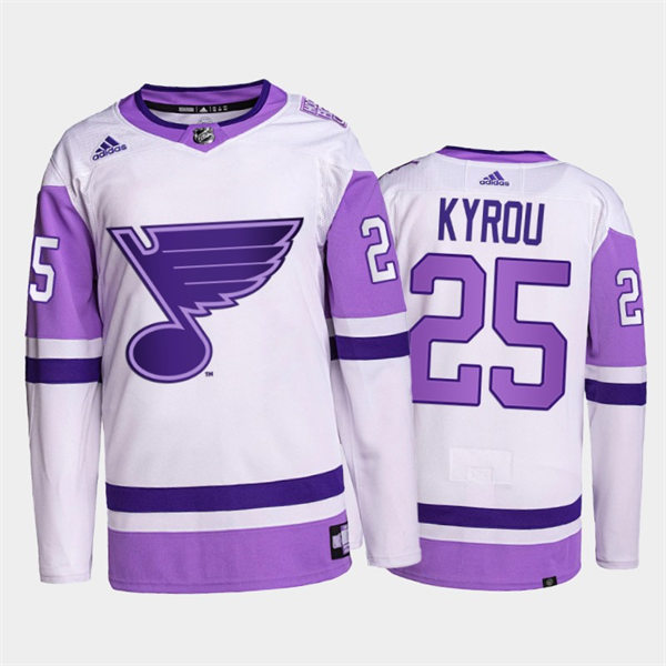 Mens St. Louis Blues #25 Jordan Kyrou 2021-22 White Purple Hockey Fights Cancer Primegreen Jersey Stitched