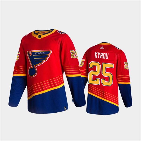 Mens St. Louis Blues #25 Jordan Kyrou adidas 2021 Red Blue Reverse Retro Jersey Stitched