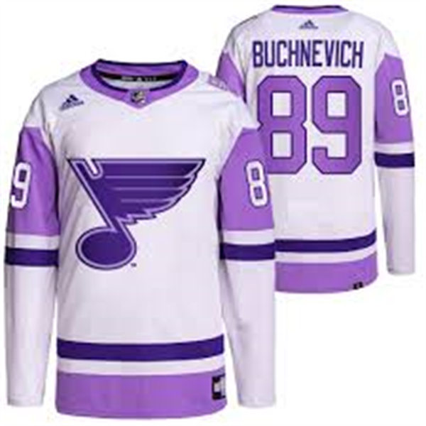 Mens St. Louis Blues #89 Pavel Buchnevich 2021-22 White Purple Hockey Fights Cancer Primegreen Jersey Stitched