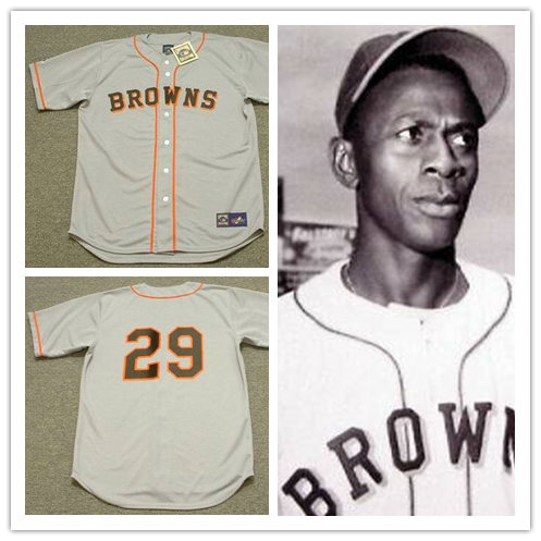 Mens St. Louis Browns #29 Satchel Paige 1951 Grey Majestic Cooperstown Throwback Baseball Jersey