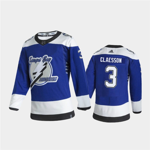 Mens Tampa Bay Lightning #3 Fredrik Claesson Blue Adidas 2021 NHL Reverse Retro Jersey Stitched