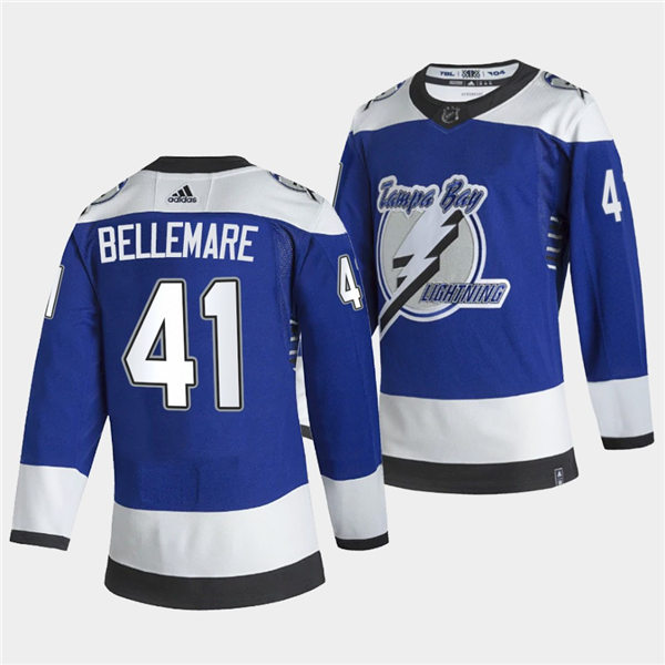 Mens Tampa Bay Lightning #41 Pierre-Edouard Bellemare Blue Adidas 2021 Reverse Retro Special Edition Jersey Stitched