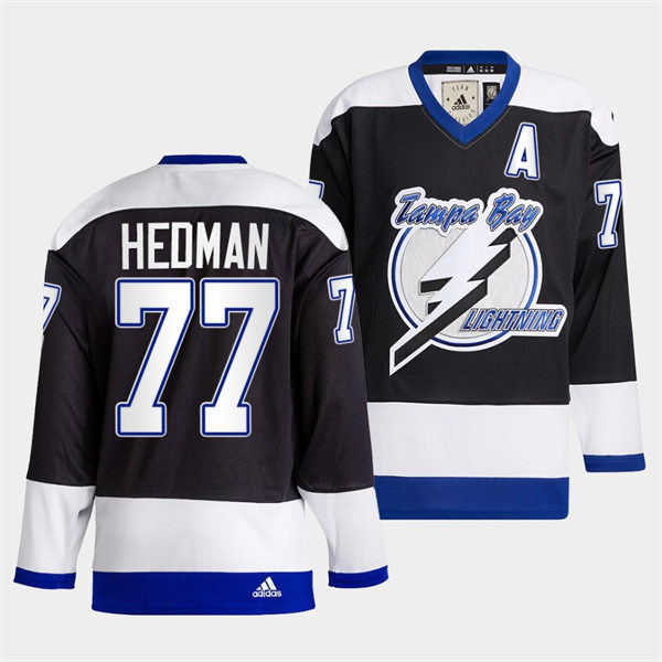 Mens Tampa Bay Lightning #77 Victor Hedman 2022 Black Team Heritage Classic Jersey Stitched