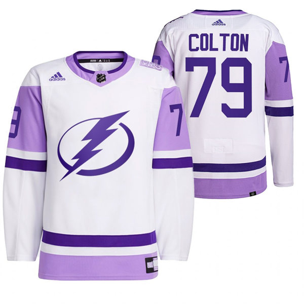 Mens Tampa Bay Lightning #79 Ross Colton 2021 White Primegreen Hockey Fights Cancer Jersey Stitched