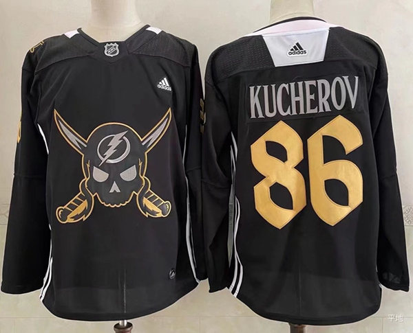 Mens Tampa Bay Lightning #86 Nikita Kucherov Adidas Black 2022 GASPARILLA THEMED WARMUP JERSEY  Stitched