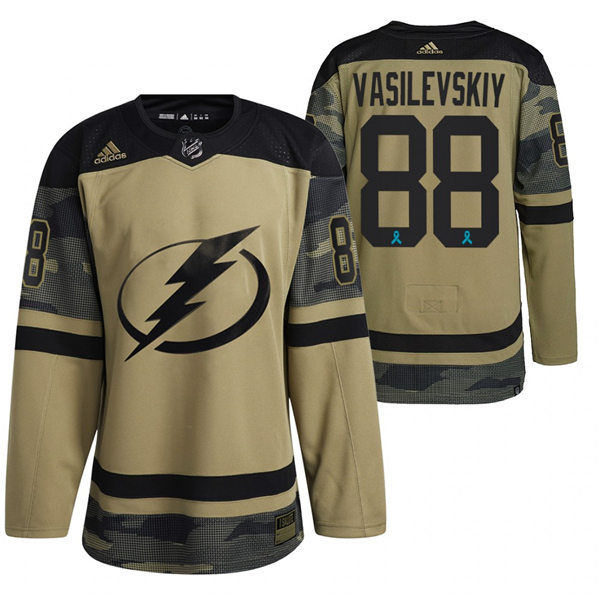 Mens Tampa Bay Lightning #88 Andrei Vasilevskiy Camo Canadian Armed Force 2021 CAF Night Jersey Stitched