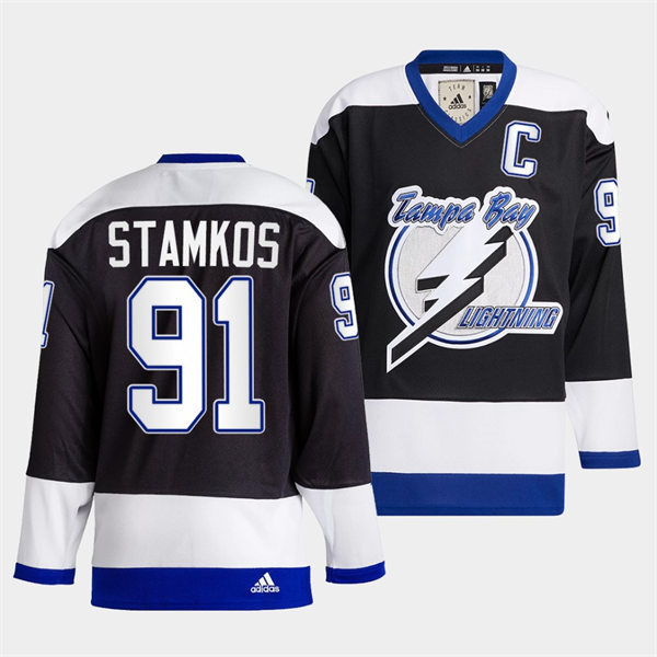 Mens Tampa Bay Lightning #91 Steven Stamkos 2022 Black Team Heritage Classic Jersey Stitched