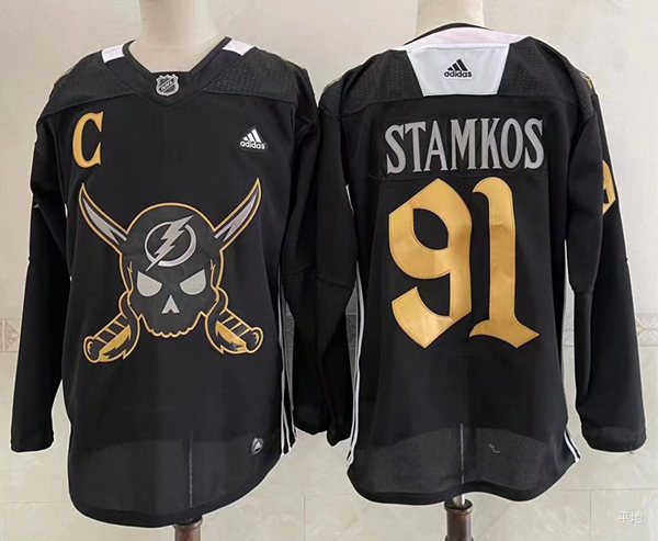 Mens Tampa Bay Lightning #91 Steven Stamkos Adidas Black 2022 GASPARILLA THEMED WARMUP JERSEY Stitched