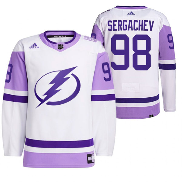 Mens Tampa Bay Lightning #98 Mikhail Sergachev 2021-22 White Purple Hockey Fights Cancer Primegreen Stitched
