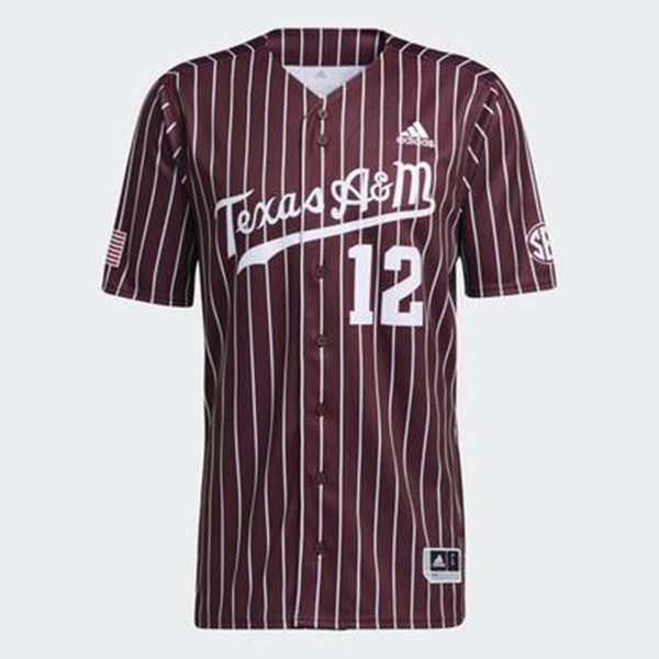 Mens Texas A&M Aggies #12 Corbin Martin Adidas Red Pinstripe College Baseball Game Jersey 
