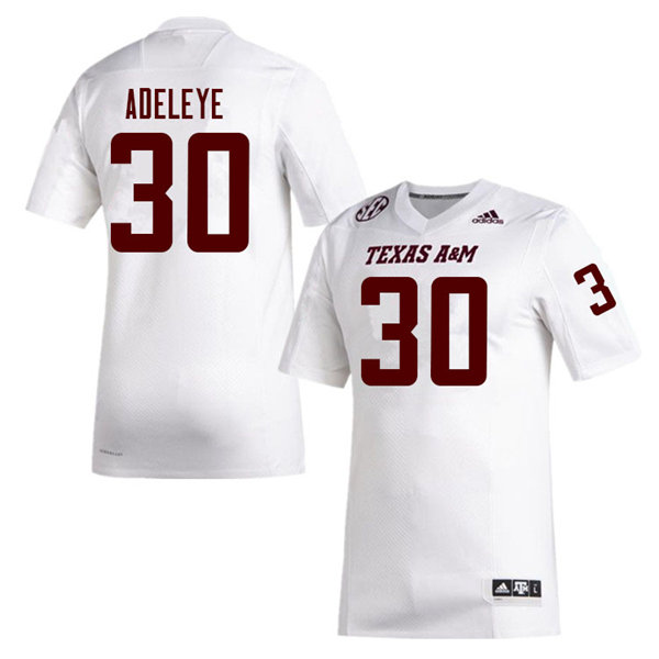 Mens Texas A&M Aggies #30 Tunmise Adeleye Adidas 2020 White College Football Game Jersey
