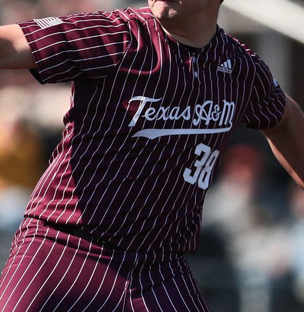 Mens Texas A&M Aggies #38 Michael Wach Adidas Red Pinstripe College Baseball Game Jersey 