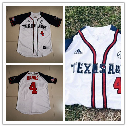 Mens Texas A&M Aggies #4 Nick Banks Adidas 2020 White Navy College Baseball Jersey