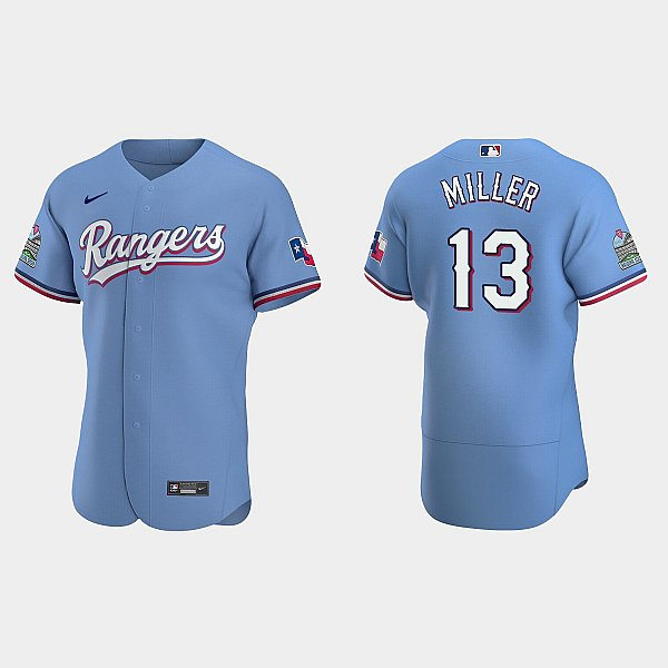 Mens Texas Rangers #13 Brad Miller Nike Light Blue Alternate Authentic Jersey
