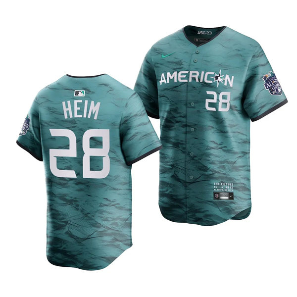 Mens Texas Rangers #28 Jonah Heim American League 2023 MLB All-Star Game Limited Player Jersey Teal