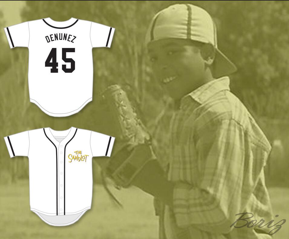 Mens The Sandlot #45 Kenny DeNunez White With Gold The Sandlot Baseball Jersey
