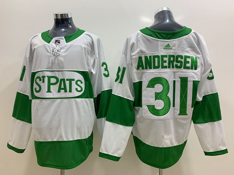 Mens Toronto Maple Leafs #31 Frederik Andersen St. Patrick's Day White Player Jersey Stitched
