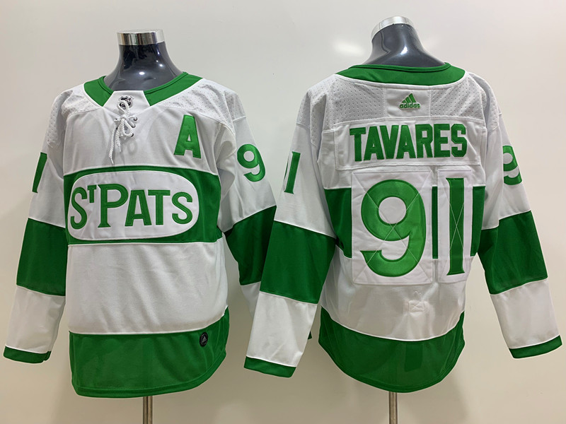Mens Toronto Maple Leafs #91 John Tavares St. Patrick's Day White Player Jersey Stitched