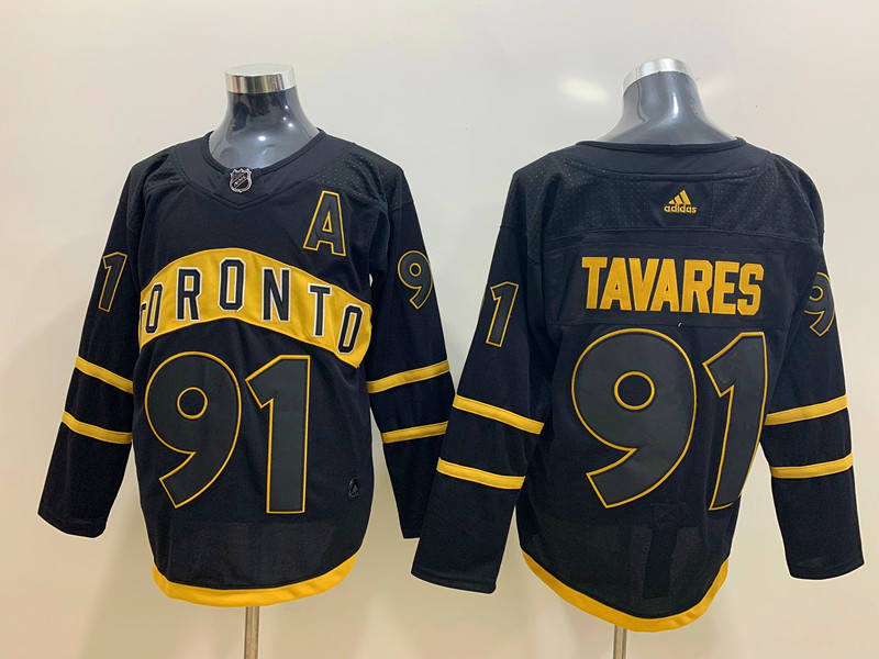 Mens Toronto Maple Leafs #91 John Tavares adidas Black Golden Edtion Jersey Sto