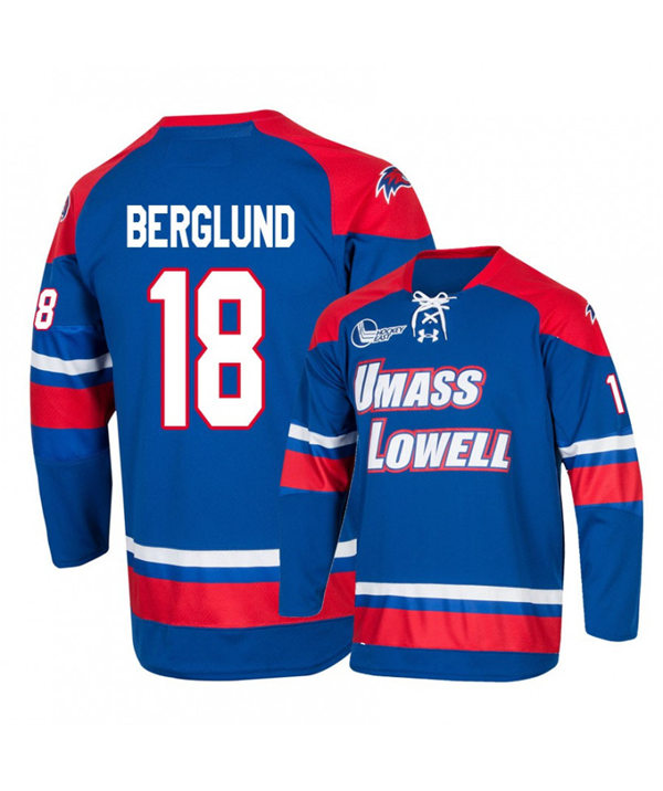 Mens UMass Lowell River Hawks #18 Carl Berglund 2020 Royal Away Under Armour College Hockey Jersey 