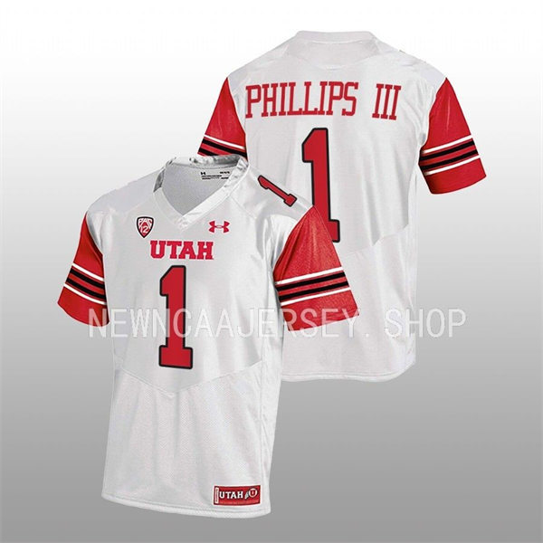 Mens Utah Utes #1 Clark Phillips III White stripe Sleeves College Football Game Jersey 