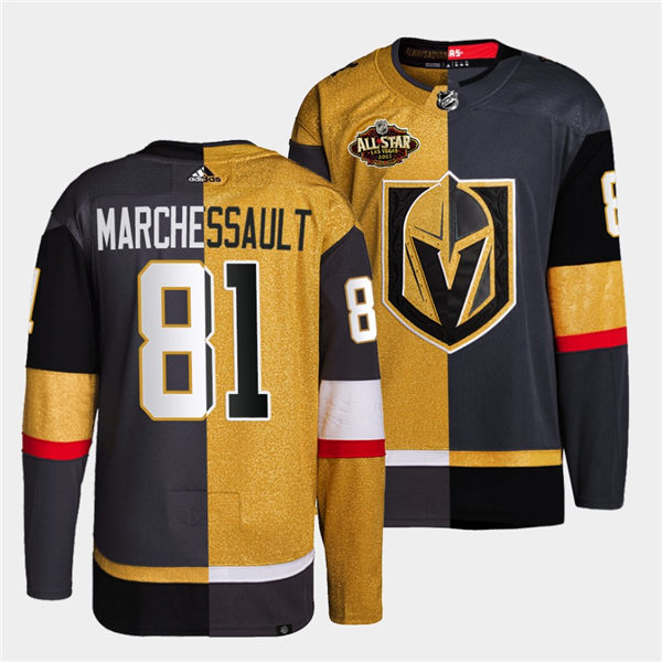 Mens Vegas Golden Knights #81 Jonathan Marchessault adidas Gold Grey Split Two Tone Edtion Jersey Stitched