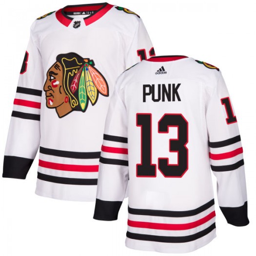 Mens WWE Champion #13 CM Punk Chicago Blackhawks Adidas Away White Hockey Stitched Jersey
