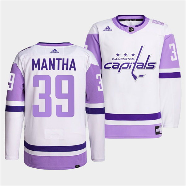 Mens Washington Capitals #39 Anthony Mantha adidas White Purple Hockey Fights Cancer Primegreen Practice Player Jersey