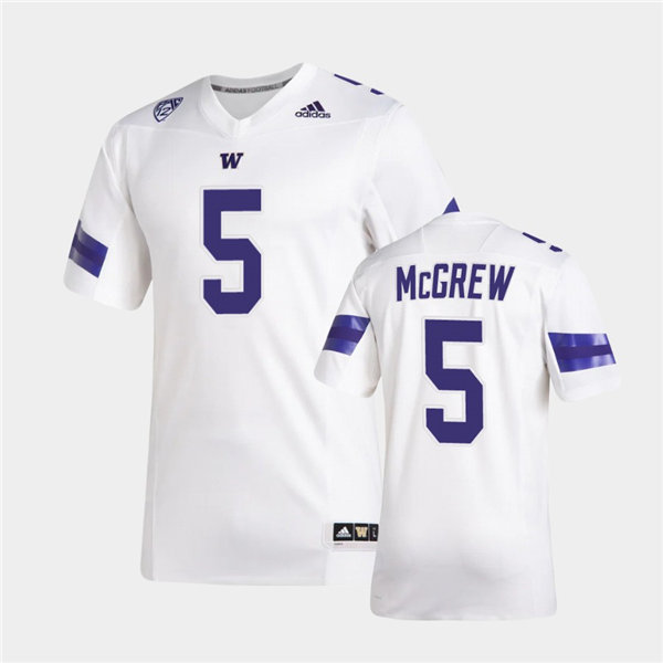 Mens Washington Huskies #5 Sean McGrew Adidas 2020 White College Football Jersey 