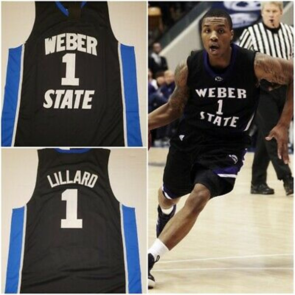 Mens Weber State Wildcats #1 Damian Lillard Black Purple Throwback College Basketball Game Jersey 