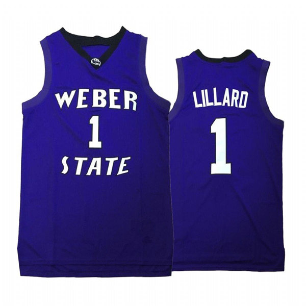 Mens Weber State Wildcats #1 Damian Lillard Purple Throwback College Basketball Game Jersey 